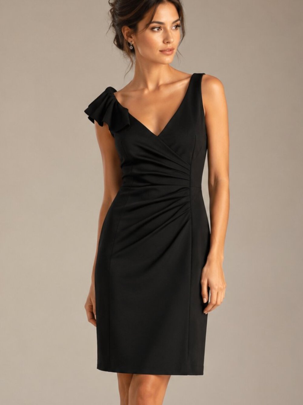 Nanette Lepore Camelia Black Sheath Ruffle Pleat Asymmetric Strap Cocktail Dress